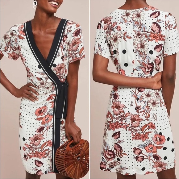 Anthropologie Maeve Aubrey Wrap Dress Floral White Black Polka Dot - Picture 1 of 14